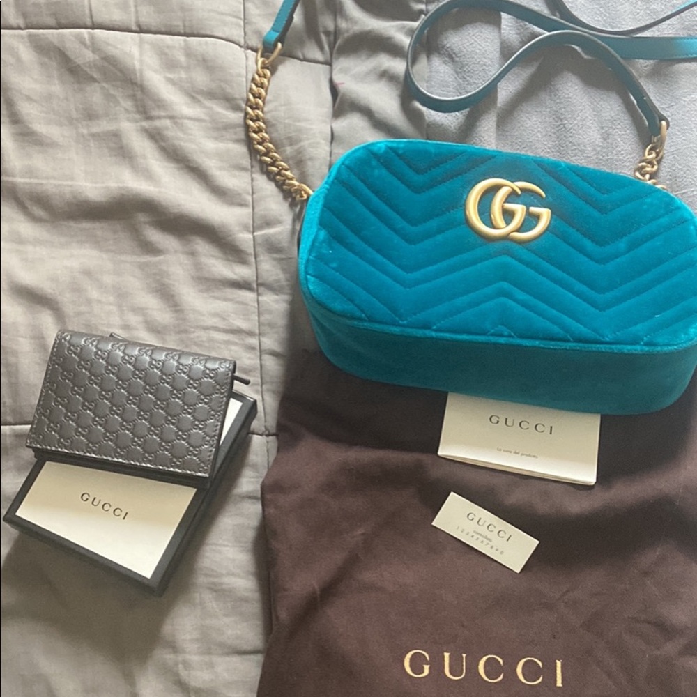 side Gucci monogram teal purse $800 brown Gucci coin pouch $150 or best offer